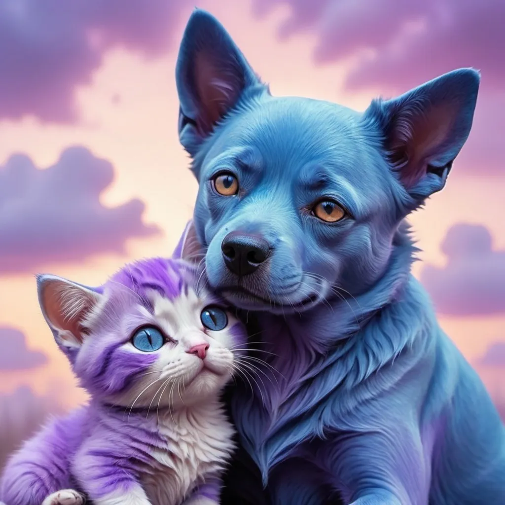 Prompt: A Blue dog cuddling a purple cat