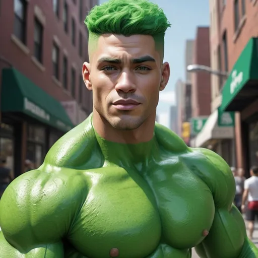 Prompt: Create a ultra realistas green character , but who has a fitness body, as if he were an urban pop singing artist, simulating the earth, as if it were one of the 4 elements