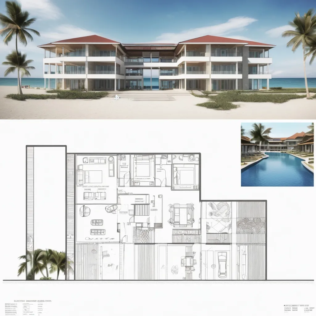 Prompt: Beach and resort front view and back view  with floor plan 