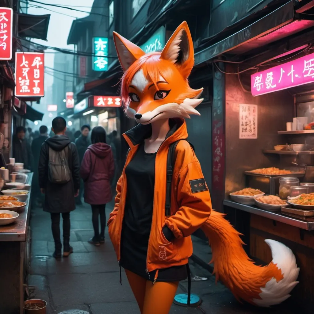 Prompt: Fox foxy anthropomorphic girl tail behind cyberpunk neon public street outside noodle shop scalie dragon crowded street food scales all over wardrobe mistake 