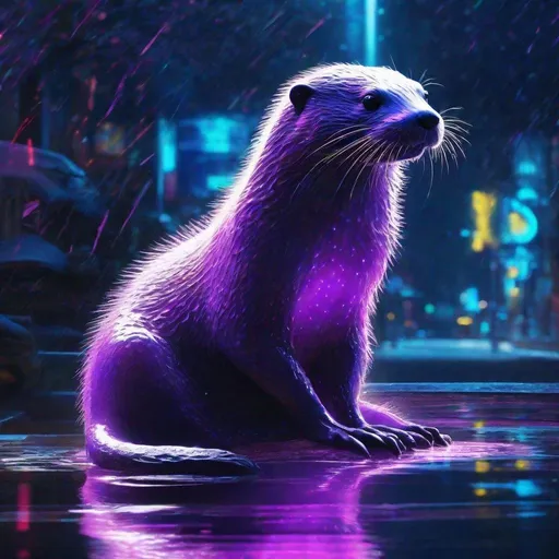 Prompt: hyper realistic, monster, anthro anthropomorphic furry otter purple slime glass translucent silhouetted figure, slimy slick smooth reflective glassy translucent skin, light and background showing through the clear body posing in a brightly lit street, brilliant glowing bioluminescent blue dots cover her body. Beautifully long flowing muck trails behind.  light peaks through, god rays follow behind buildings. piercing yellow glowing eyes gazing into your soul. Hyper-realistic, photorealistic, hd, 4k resolution, high camera angle, god rays, sunlight, hyper reflective glassy skin