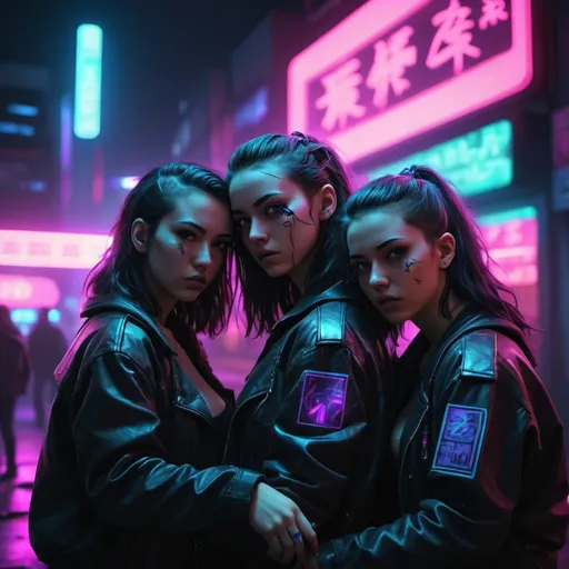 Prompt: Pile of girls in cyberpunk street HD realistic harsh neon lighting