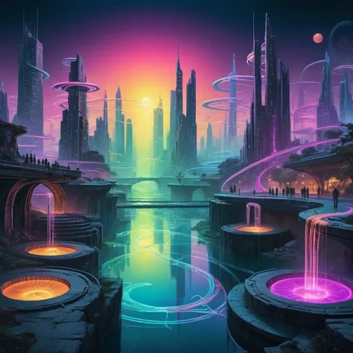 Prompt: Monolithic cityscape with countless endless paths twisting and turning through time and space creating a web of directions, each path lit by a sof neon glow of rainbow colors, water features pop up here and there reflecting the soft glow of moonlight on water, many figures stand and walk through this mystical cyber landscape