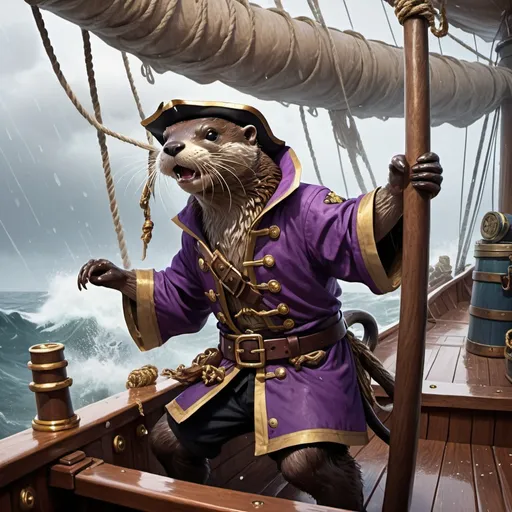 Prompt: On the deck of a boat in the midst of a raging ocean, rain pouring from the heavens in torrents as wind blows the sails, an anthro otter pirate captain with one leg and a glistening, sharp cutlass in one hand wearing a purple captains cloak screams into the wind commands to his crew. In the background we see the anthro animal crew managing barrels and ropes to conquer the ocean spilling around them. A door to the captains quarters is open, and inside we see piles of treasure in treasure chests and maps and navigation equipment