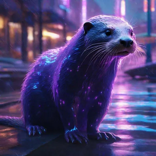 Prompt: hyper realistic, monster, anthro anthropomorphic furry otter standing character purple slime glass translucent silhouetted figure, slimy slick smooth reflective glassy translucent skin, light and background showing through the clear body posing in a brightly lit street, brilliant glowing bioluminescent blue dots cover her body. Beautifully long flowing muck trails behind.  light peaks through, god rays follow behind buildings. piercing yellow glowing eyes gazing into your soul. Hyper-realistic, photorealistic, hd, 4k resolution, high camera angle, god rays, sunlight, hyper reflective glassy skin