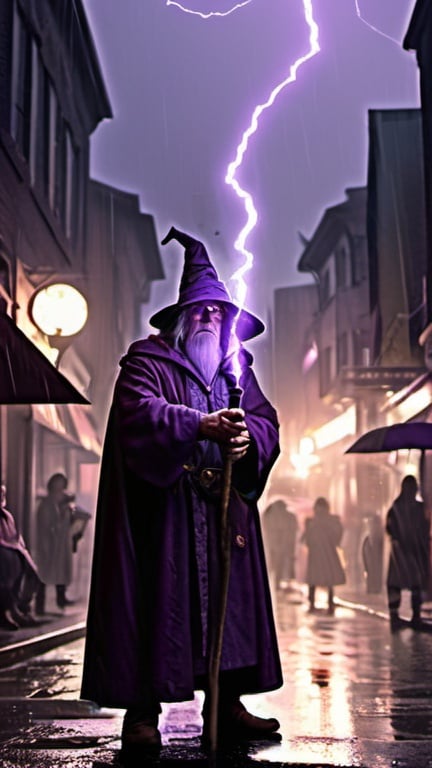 Prompt: A crotchety ancient man holding a glowing purple wizard staff lightning shooting from the tip. Standing proud in a gloomy clockwork city street, rain pouring down on a crowd of onlookers.