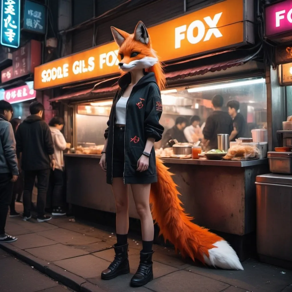 Prompt: Fox foxy anthropomorphic girl tail behind cyberpunk neon public street outside noodle shop scalie dragon crowded street food scales all over wardrobe mistake 