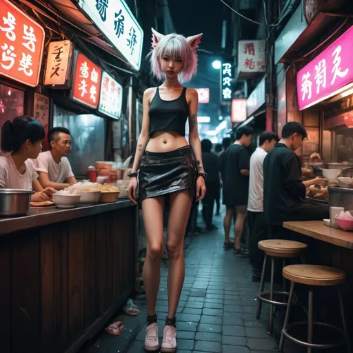Prompt: Digigrade legs anthropomorphic girl tail behind cyberpunk neon public street outside noodle shop scalie dragon crowded street food scales all over wardrobe mistake 