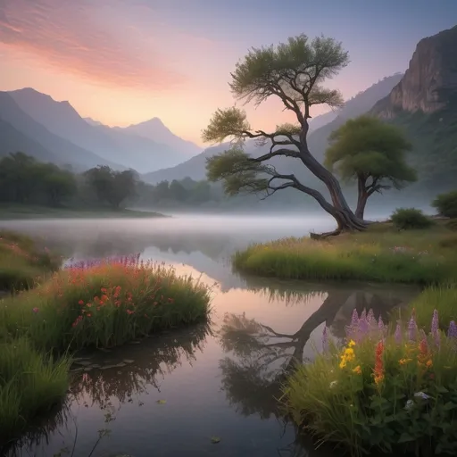 Prompt: Picture a vast, untouched landscape at dawn, where the first light of the day gently caresses a serene mountain range. The peaks, cloaked in mist, stand like ancient sentinels guarding secrets untold. A tranquil lake mirrors the hues of the awakening sky, its surface kissed by the tender embrace of morning. A lone, majestic tree stands on the water's edge, its branches reaching towards the heavens as if whispering ancient tales to the wind. In the foreground, a delicate tapestry of wildflowers bathed in the soft glow of dawn unfolds, adding a touch of vibrant color to the otherwise serene tableau. This scene captures the quiet majesty of nature, inviting contemplation and reflection.