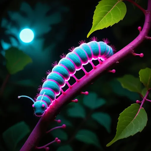 Prompt: in a stiflingly thick jungle setting, deep in the dark branches of a tree on a single leaf a bioluminescent caterpillar blue with bright pink spots sits delicately on the dark green leaf of the tree surrounded by a faint magical glowing mist.