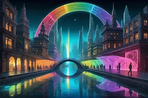 Prompt: Monolithic cityscape with countless endless paths twisting and turning through time and space creating a web of directions, each path lit by a sof neon glow of rainbow colors, water features pop up here and there reflecting the soft glow of moonlight on water, many figures stand and walk through this mystical landscape