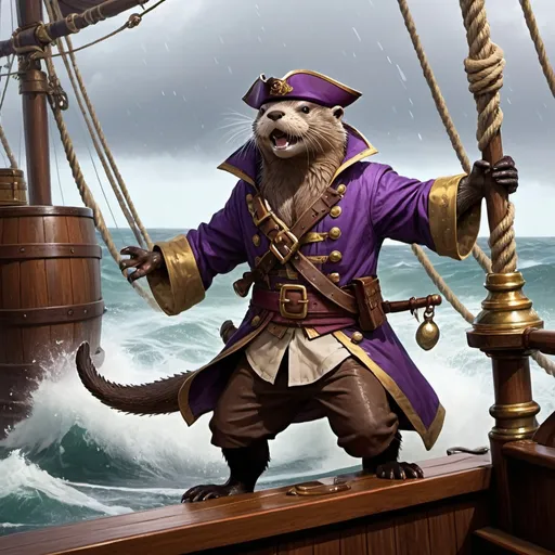 Prompt: On the deck of a boat in the midst of a raging ocean, rain pouring from the heavens in torrents as wind blows the sails, an anthro otter pirate captain with one leg and a glistening, sharp cutlass in one hand wearing a purple captains cloak screams into the wind commands to his crew. In the background we see the anthro animal crew managing barrels and ropes to conquer the ocean spilling around them. A door to the captains quarters is open, and inside we see piles of treasure in treasure chests and maps and navigation equipment