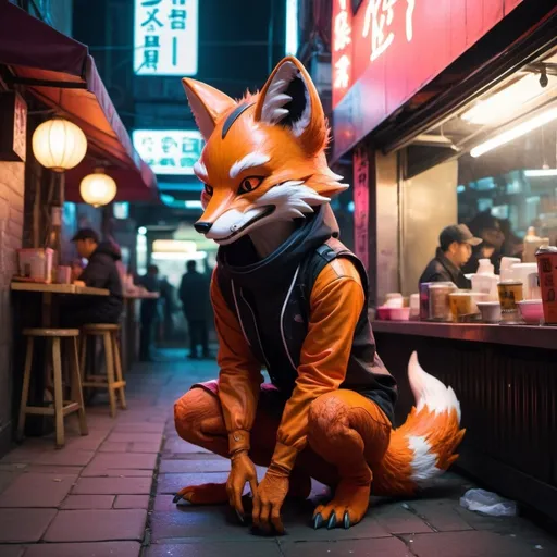 Prompt: Fox foxy anthropomorphic crouching tail behind cyberpunk neon public street outside noodle shop scalie dragon crowded street food