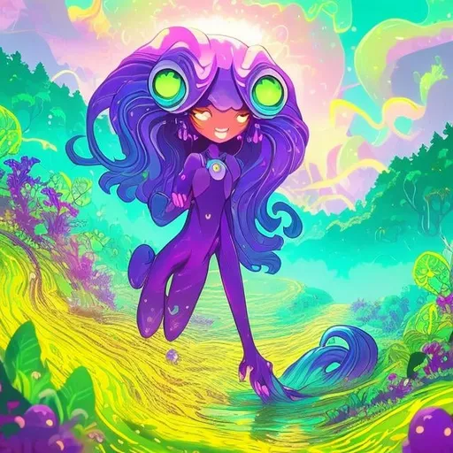 Prompt: monster girl, female anthro purple slime glass person, slimy slick smooth translucent skin, light and background showing through the clear body of a women posing in a brightly lit street, brilliant glowing bioluminescent blue dots cover her body. Beautifully long flowing muck trails behind.  light peaks through, god rays follow behind buildings. piercing yellow glowing eyes gazing into your soul. Hyper-realistic, photorealistic, hd, 4k resolution, high camera angle, god rays, sunlight, hyper reflective glassy skin