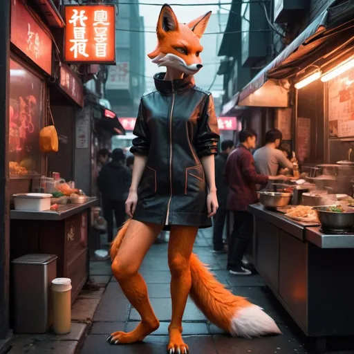 Prompt: Fox foxy anthropomorphic girl tail behind cyberpunk neon public street outside noodle shop scalie dragon crowded street food scales all over wardrobe mistake 