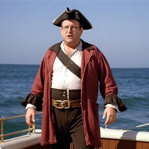 Prompt: George Costanza in a pirate costume out on the open waves