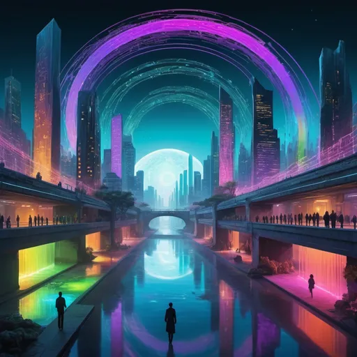 Prompt: Monolithic cityscape with countless endless paths twisting and turning through time and space creating a web of directions, each path lit by a sof neon glow of rainbow colors, water features pop up here and there reflecting the soft glow of moonlight on water, many figures stand and walk through this mystical cyber landscape