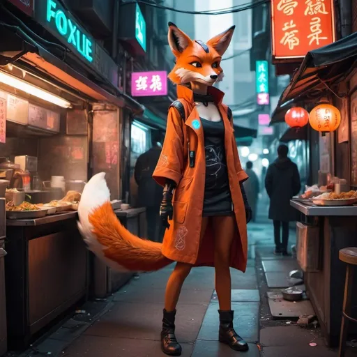 Prompt: Fox foxy anthropomorphic girl tail behind cyberpunk neon public street outside noodle shop scalie dragon crowded street food scales all over wardrobe mistake 