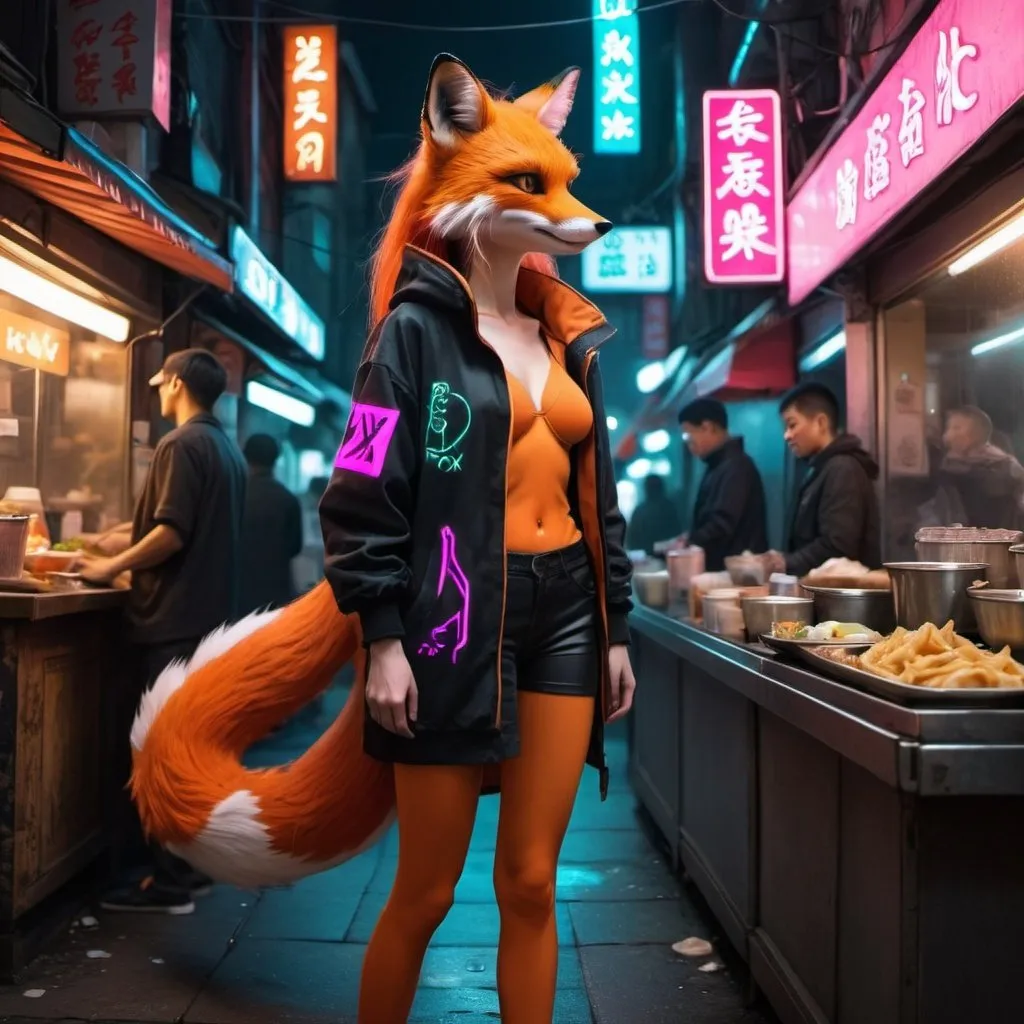 Prompt: Fox foxy anthropomorphic girl tail behind cyberpunk neon public street outside noodle shop scalie dragon crowded street food scales all over wardrobe mistake 