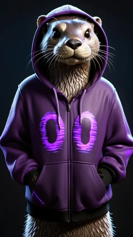 Prompt: Anthropomorphic otter standing character, grey black fur with glowing purple glyphs, hoodie, photorealistic