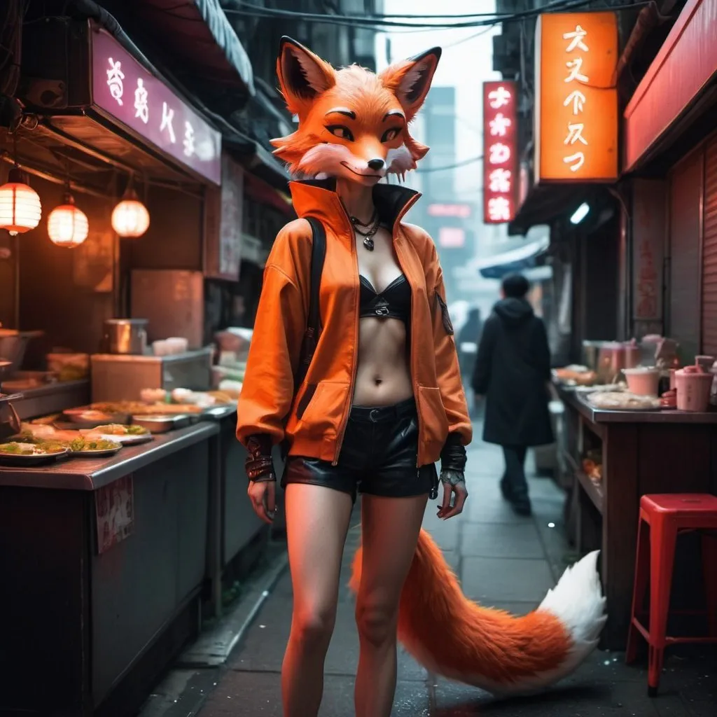 Prompt: Fox foxy anthropomorphic girl tail behind cyberpunk neon public street outside noodle shop scalie dragon crowded street food scales all over wardrobe mistake 