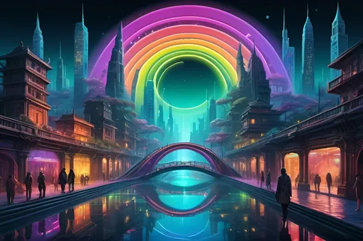 Prompt: Monolithic cityscape with countless endless paths twisting and turning through time and space creating a web of directions, each path lit by a sof neon glow of rainbow colors, water features pop up here and there reflecting the soft glow of moonlight on water, many figures stand and walk through this mystical landscape