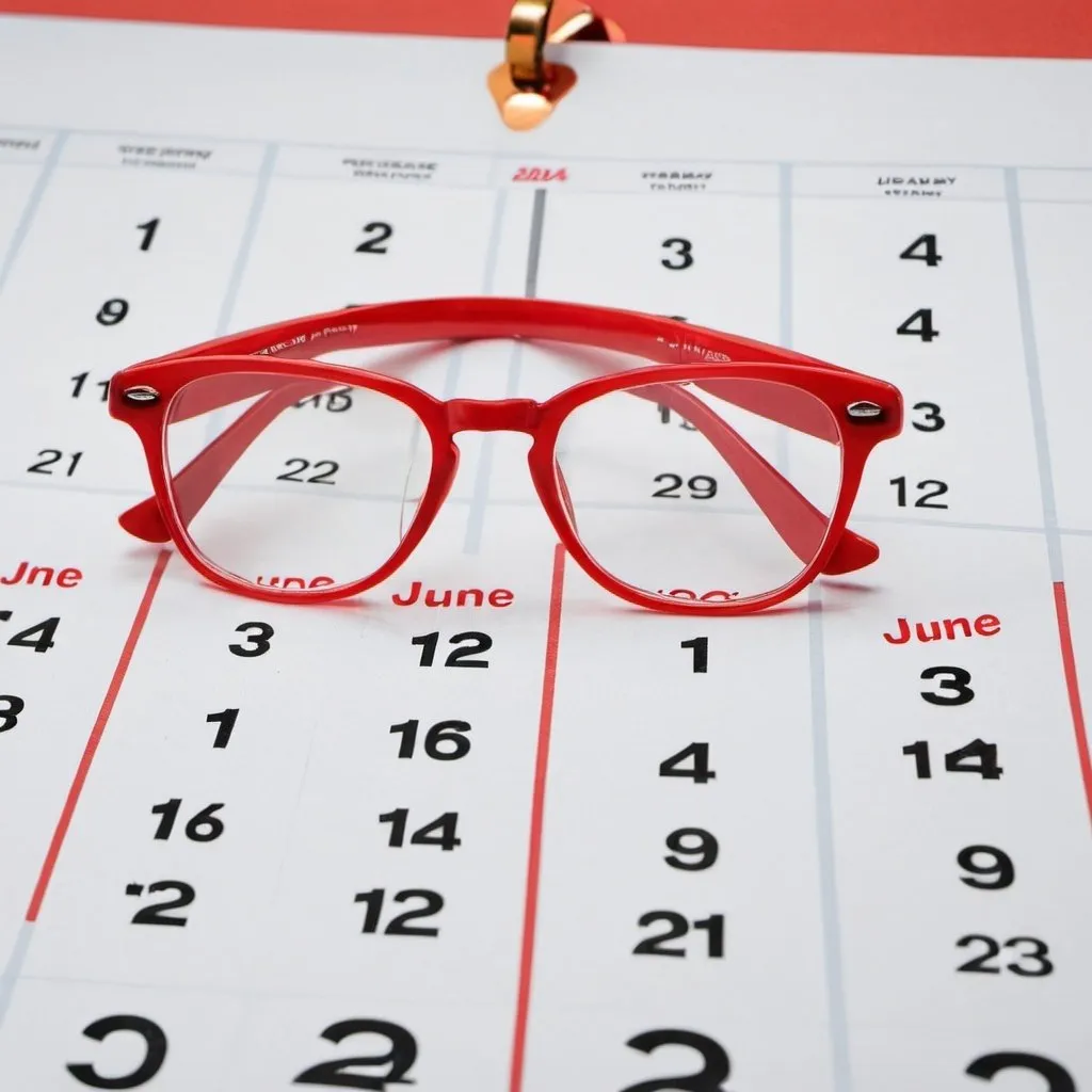 Prompt: A pair of red spectacles rests on top of a June 2024 wall calendar 