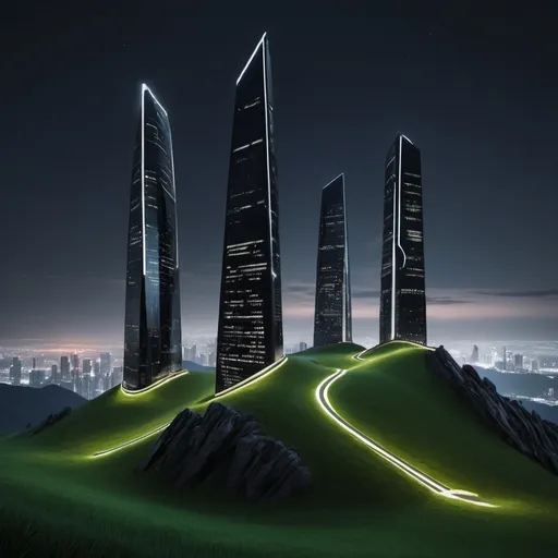 Prompt: There are only three black and futuristic skyscrapers at night in the top of a grassy mountain 