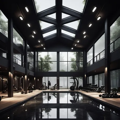 Prompt: I want to build a gym where the design is sustainable, where darkness meets the lights in its architecture and 4 elements of nature appears including: fire, water, wind, earth
