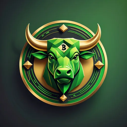 Prompt: A logo for a cryptocurrency with a modern design. The central element is a powerful and stylized bull, either just the head or the full body, depicted in a dynamic and confident pose. The bull should be vibrant apple green, standing out as the main feature of the design. The background should consist of a golden Bitcoin coin, detailed with its signature texture and symbols, placed against a fully black background. Subtle trading graphs can also be integrated into the design to enhance the cryptocurrency theme. The style is minimalist yet impactful, using clean lines and soft gradients to create a bold and sophisticated look."