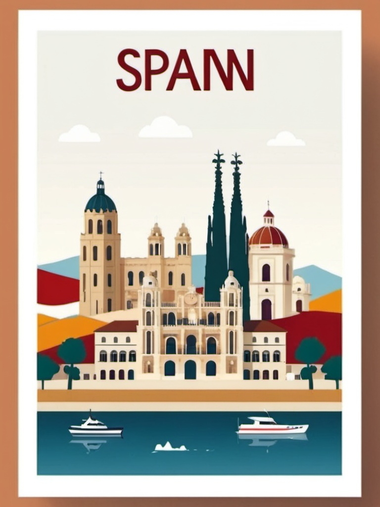 Prompt: A minimal poster about Spain showing famous landmarks