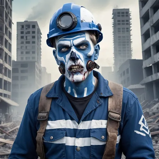 Prompt: A zombie engineer or builder, blue and white war paint, apocalyptic cityscape, motor storm helmet, 2VK