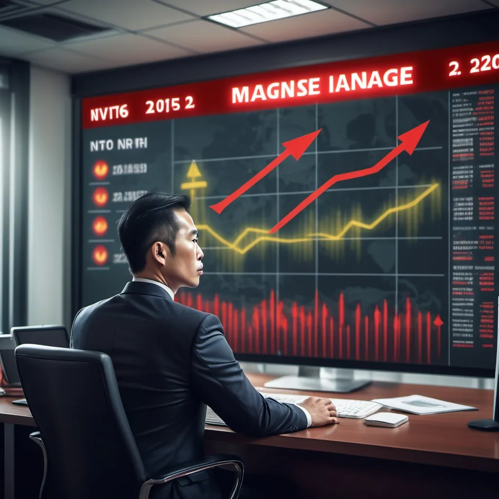 Prompt: /imagine prompt: A professional Vietnamese businessman in a modern office, looking concerned at a presentation screen displaying a high revenue target for 2025, with red warning marks and arrows symbolizing challenges. The Vietnamese flag is hanging on the wall, subtle neon lighting adds intensity, dramatic lighting, ultra-realistic, stock photo style --ar 16:9 --v 6.0