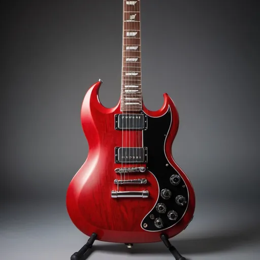 Prompt: A high-quality product photo of a handcrafted red Gibson SG style electric guitar with a weathered wood neck, showcasing fine woodworking and attention to detail. The guitar is propped up at a slight angle against a clean, white background, allowing the vibrant red finish and unique wood grain patterns to be the focal point. Soft, directional lighting highlights the curves and contours of the body, emphasizing the classic SG shape. The strings, bridge, and tuning machines catch the light, adding a sense of realism and dimension to the image.