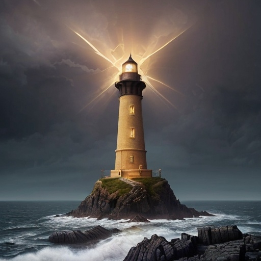 Prompt: A majestic, stylized lighthouse standing tall on a rocky cliff, its powerful beam cutting through storm clouds. The lighthouse is adorned with gears, circuit patterns, and flowing data streams, symbolizing technology and innovation. At its base, a diverse group of figures in business attire are climbing the rocky path towards the lighthouse. The overall color scheme should be deep blues and purples with highlights of bright gold, representing wisdom and excellence. The style should be a blend of photorealistic and digital art, conveying both timeless leadership principles and cutting-edge innovation.