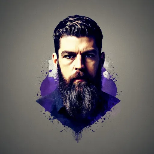 Prompt: Create a photorealistic yet minimalist and abstract logo featuring a male human figure with a long, straight beard, evoking the presence of an ancient leader or warrior. The character should exude an air of leadership, wisdom, stoicism, and strength, symbolizing resilience through battle-hardened experience. Use a refined color palette of deep blues and purples, accentuated with metallic tones to suggest power and endurance. Incorporate subtle textures reminiscent of brushed metal and weathered wood to convey depth and a sense of timelessness. The overall design should reflect a personal, stoic, and masculine essence, capturing both strength and quiet wisdom.