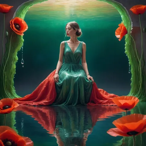 Prompt: woman elegantly sitting on the water , A stunning 4K resolution surrealist art piece that captivates the viewer with its minimalist yet vibrant color palette of green, blue, red,purple, orange, pink and gold. The ethereal beauty is depicted as a woman, her elegant figure rendered with a fashion-inspired touch,her dress seems to be sinking into the wall, wavy dress like a dream, with her captivating reflection appearing as a few of big water droplets. red poppies on the wall adds to a such a surreal atmosphere in the background, red poppiesis on the wall making the scene like a dream. The artwork is further elevated by its 3D render