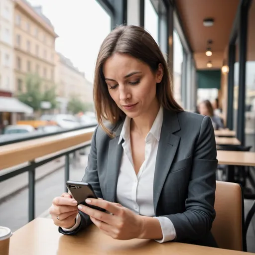 Prompt: real life looking woman dressed in office outfit having a day off in caffeteria swiping her phone in middle of city