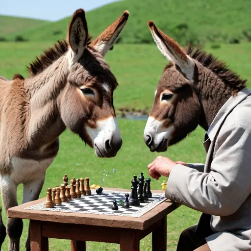 Prompt: a donkey playing chess with a fish 