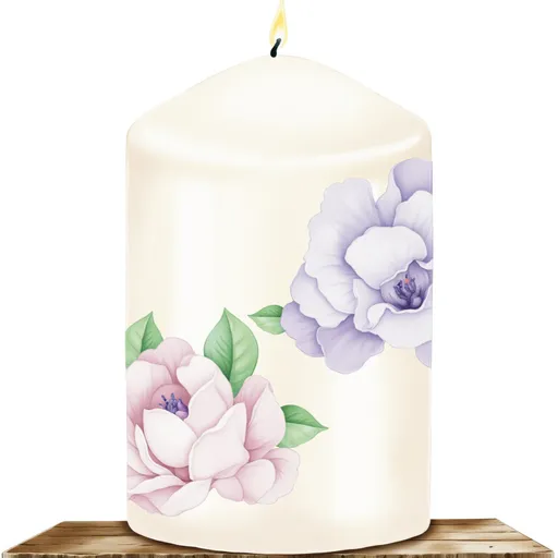 Prompt: A luminous, smooth white pillar candle stands elegantly on a rustic wooden table, its surface aglow with soft, flickering candlelight that dances gently against the walls. This candle, adorned with delicate hand-painted floral designs in shades of pastel pink and green, draws the eye with its intricate detailing. Surrounding it, a faint mist of lavender fills the air, creating a tranquil and soothing atmosphere. Dappled light filters through a nearby window, casting gentle shadows that enhance the candle's graceful form. The scene evokes a sense of serene sanctuary, perfect for a cozy evening of introspection or a romantic dinner. The ambiance would be beautifully rendered in a soft, dreamy watercolor illustration style, emphasizing the peacefulness of the moment.
