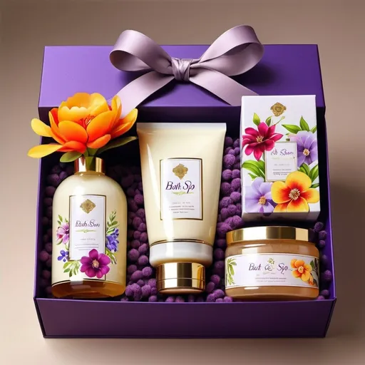 Prompt: (bath and body spa gift box set), (professional and luxurious stylish floral labels and packaging), creative floral design, vibrant colors, elegant aesthetics, high-end materials, rich textures, elements of relaxation, stylish accessories, soothing ambiance, (modern floral branding), exquisite detailing, warm light, tranquil setting, ultra-detailed, high quality, HD, inviting atmosphere, premium quality products.