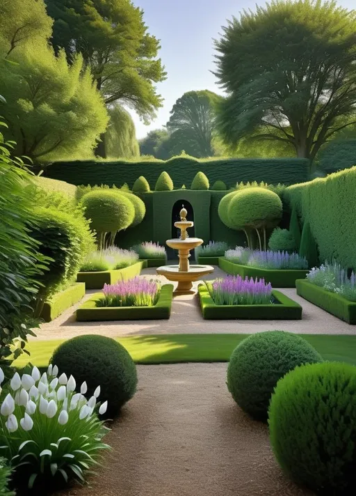 Prompt:  charming garden landscape, fountain centerpiece, lush greenery, winding paths, oil painting, professional, ultra-detailed, vibrant colors, lush garden, professional, atmospheric lighting, Incorporate a sense of whimsy with hidden nooks and crannies where bunnies frolic and tea party guests gather