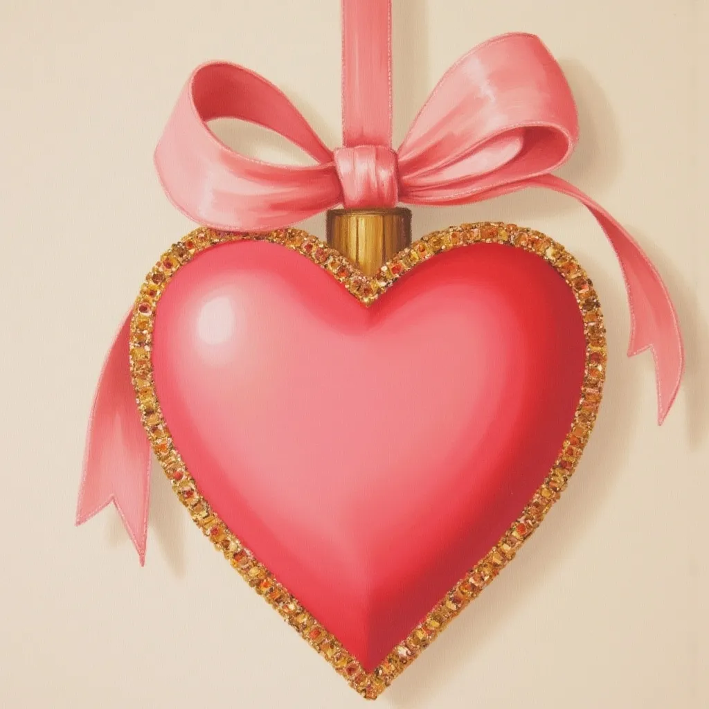 Prompt: Design a glamorous heart-shaped Christmas ornament in pink, with a satin ribbon wrapped around it. Add gold accents along the edges to give it a romantic, luxurious feel. The ornament should have a vintage quality, evoking a Christmas Coquette aesthetic.