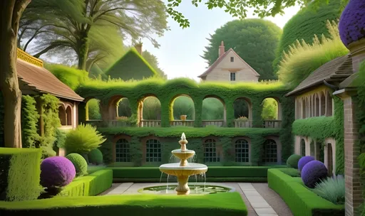 Prompt:  charming garden landscape, fountain centerpiece, lush greenery, winding paths, oil painting, professional, ultra-detailed, vibrant colors, lush garden, professional, atmospheric lighting, Incorporate a sense of whimsy with hidden nooks and crannies where bunnies frolic and tea party guests gather