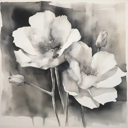 Prompt: in shades of gray and white, pioenroos lichtroze   ink and wash  on paper,