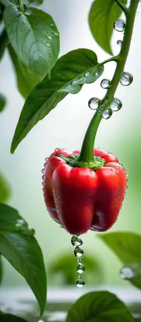 Prompt: a red pepper hanging from a green plant with leaves and water droplets on it's surface, with a blurry background, Boetius Adamsz Bolswert, cobra, 150mp, a jigsaw puzzle