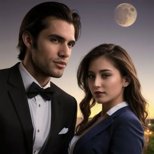 Prompt: Full moon handsome man in a suit with a beautiful woman