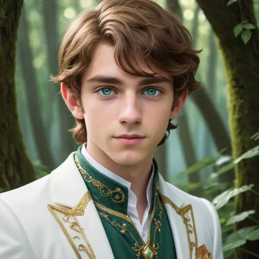 Prompt: A 16 year old magical human-like elf who has chestnut brown hair and wears a white suit with gold and light blue embellishments. He has forest green eyes and a majestic gaze.