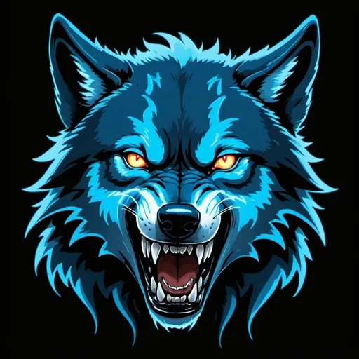 Prompt: a blue wolf with its mouth open and glowing eyes and teeth, with a black background and a white outline, Derf, shock art, arcane, concept art