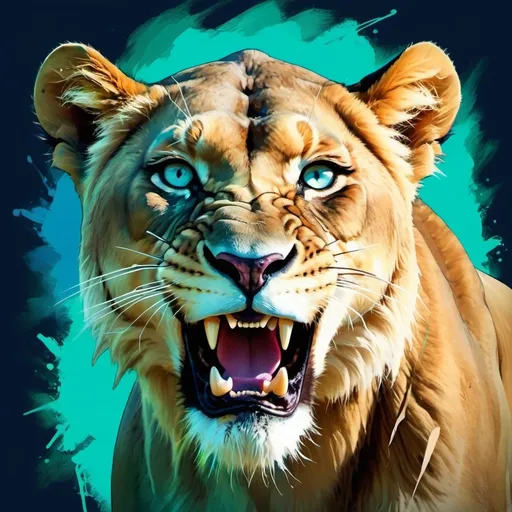 Prompt: Create an artistic painting of a lioness that is roaring savagely. The colors in the background are neon of teals, blues and greens. Use a gamer type background. The lioness has blue eyes.